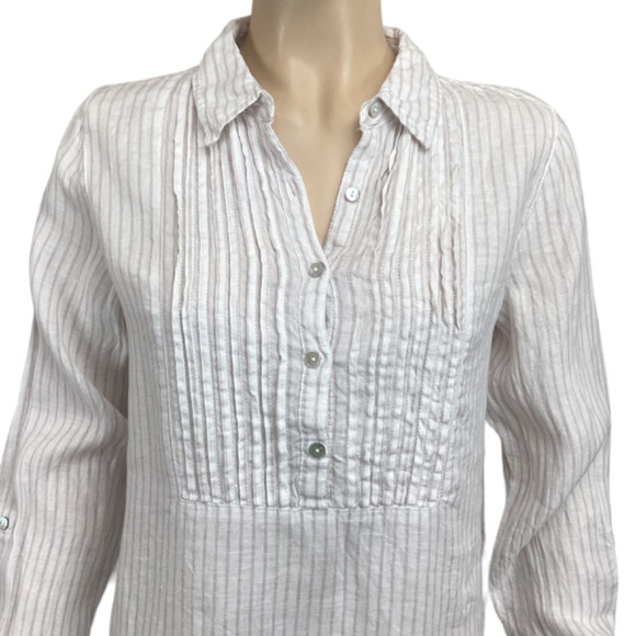 Artisan NY 100% Linen tunic top size small Long sleeve pintuck striped tan white - Picture 5 of 9